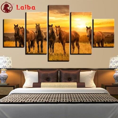 Diamond Natural scenery, horse team, sunshine Embroidery Diamond Mosaic Rhinestones Art Painting Cross Stitch Wall Decor5pcs