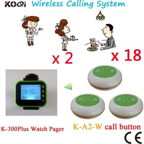 Wireless Waiter Buzzer Bell System Good Design Pager Watch Receiver With Waterproof Button CE Passed(2 watch+18 button)
