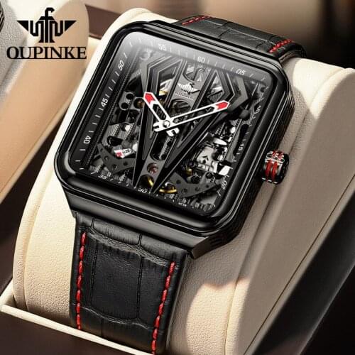 OUPINKE Luxurious Watch For Men Automatic Skeleton Mechanical Watches Sapphire Square Hollow Leather Sports Wristwatch Steampunk