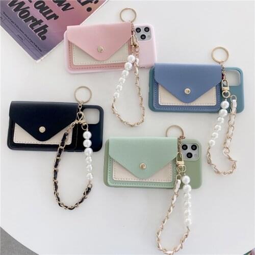 Qianliyao Pearl Rope Card Bag Phone Cases For iPhone 12 11 Pro Max XS Max XR X 7 8 Plus SE 2020 Lanyard Soft Silicone Back Cover