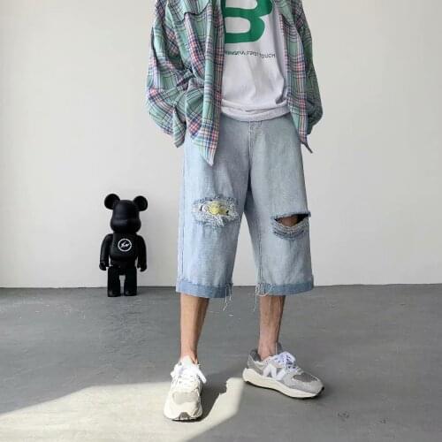 Hong Kong style denim shorts loose summer thin section ripped cropped trousers Korean style trendy handsome straight-leg pants