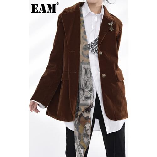 [EAM] Women Velvet Pattern Printed Blazer New Lapel Long Sleeve Loose Fit Jacket Fashion Tide Spring Autumn 2021 1DA30516
