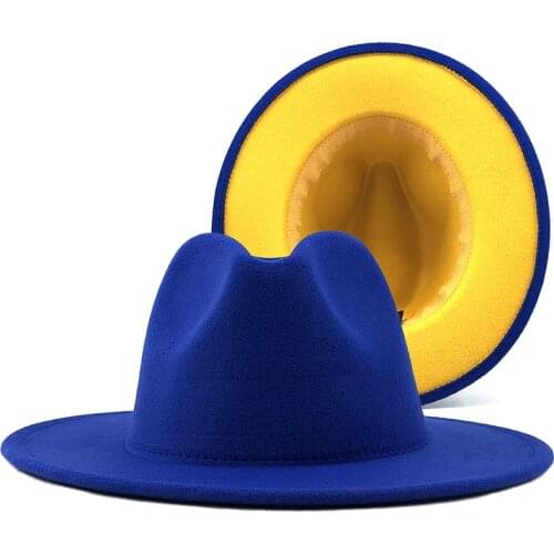Unisex Outer blue Inner yellow Wool Felt Jazz Fedora Hats with Thin Belt Buckle Men Women Wide Brim Panama Trilby Cap L XL