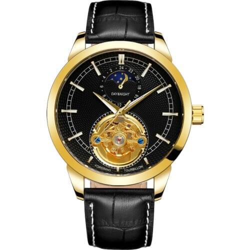 Forsining Mens Stylish Analog Tourbillon Dial Automatic Skeleton Moon Phase Casual Luxury Watch with Leather Strap FSG8197M3