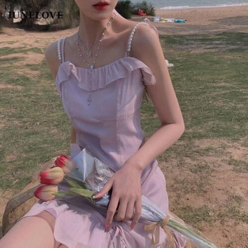 JuneLove Kawaii Sweet Blue Strap Dress Korean Designer Fit Chic Chiffon Lace-up Pink Dress Sexy Mini Party Dress Women Summer