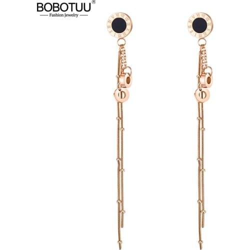 BOBOTUU Classic Stainless Steel Roman Numerals Tassel Earrings Jewelry Rose Gold Black Acrylic Dangle Earrings For Women BOGE568