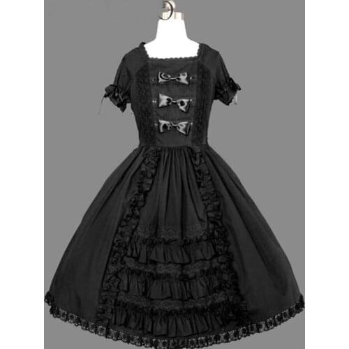 Classical Lolita Dress Cotton Short Sleeve Bows Layered Ruffles Lace Up Back Lolita One Piece Dress