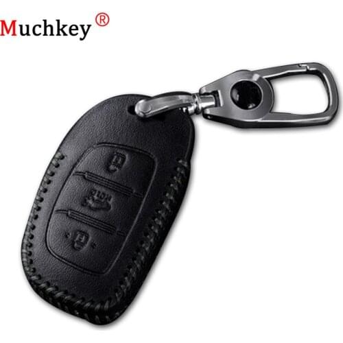 Muchkey Leather Remote Case Car Key Bag Cover For Hyundai3 Buttons Folding Key Luxury Genuine Hand Sew Black Line