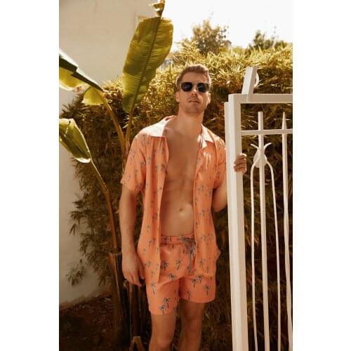 Salmon Mens Regular Fit Top Collar Short Sleeve Palm Tropical Shirt Spring/Summer Men Casual Street Beachwear