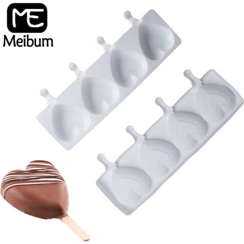 Meibum 4 Cavity Love Heart Shape Ice Cream Silicone Mold Juice Dessert Popsicle Mould Frozen Lolly Sucker Ice Cube Tray