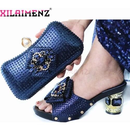 2020 New Fashion Classics Summer Women Shoes And Bag Set For Party Nigerian Style High Heel Sandals And Bag Set in Dark Blue
