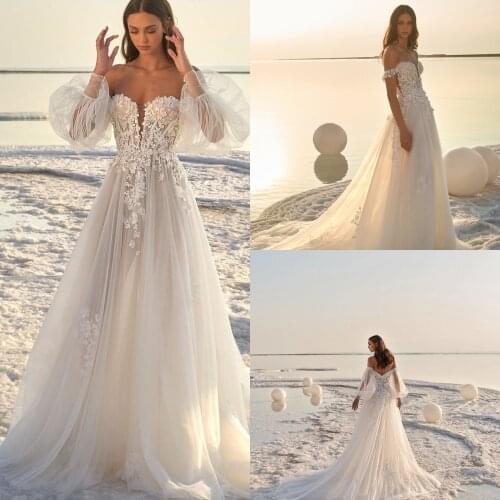 New Design Luxury Floral Wedding Dress With 3D Flowers Applique Boat Neck Tulle Bridal Gown Vestido Robe De Mariee Noiva