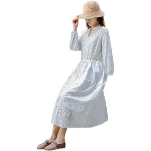 Romantic Flowers Stitch White Long Dress Mori Girl FT721