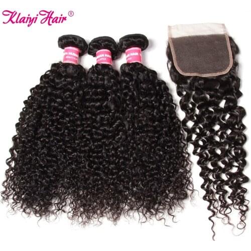 Klaiyi Brazilian Hair Weave Bundles With Closure Natural Curly Human Hair 3 Bundles And A Lace Closure 4x4 Remy Hair Extensions