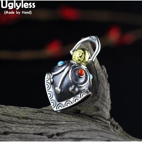 Uglyless Religious Myth Exorcism Bell Pendants for Men Thai Silver Turquoise Agate Necklaces NO Chains 925 Silver Jewelry P955