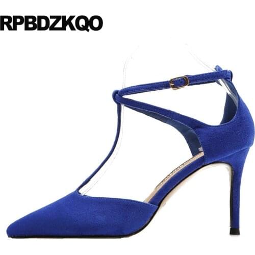 Stiletto Sandals T Bar High Heels Strap Pumps Summer Blue Nude Satin Size 33 Suede Green Shoes For Women Pointed Toe Scarpin