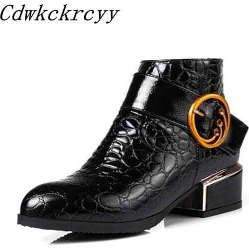 Women Boots Autumn winter New style fashion Sharp head Patent leather Belt buckle Martin boots Cashmere Keep warm Winter boots