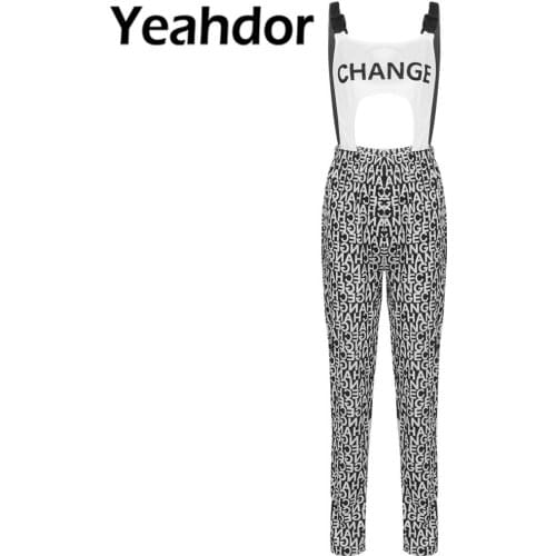 Womens Fashion Jumpsuits One-Piece Letters Print Wide Shoulder Straps Front Cutout Backless Bodysuit Suspender Jumpsuit Rompers