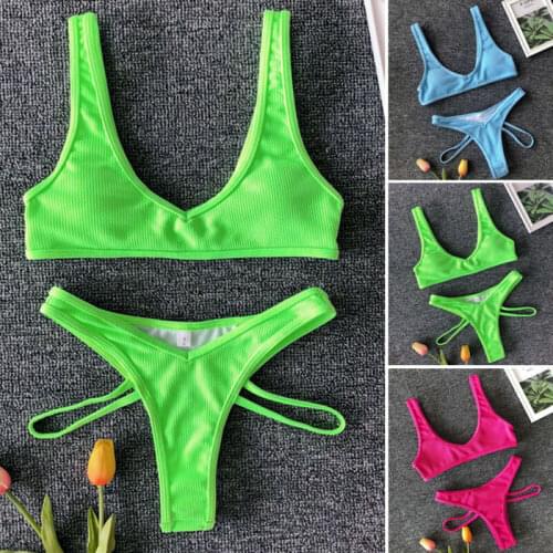 Women Triangle Bikini Set 2019 Stretch Sexy Bandage Push Up Swimwear Swimsuit Solid Color Ladies 2 Pieces Bathing Suit Beachwear
