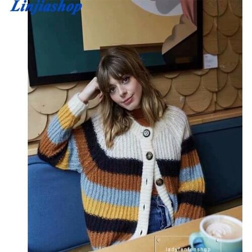 Autumn winter new knitted cardigan women vintage stripe o neck womens sweater coat loose soft cardigan jacket mujer