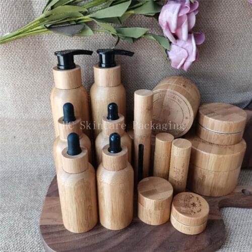 100pcs 120ml All Bamboo Covered Plastic Inner Bottle with Black White Bamboo Pump for Lotion Shampoo Cosmetic Container