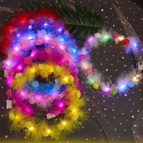 12pcs LED Light Up Glowing Feather Colorful Garland Night Club Bar Luminous Wreath Rose Flower Christmas Wedding Party Hairband