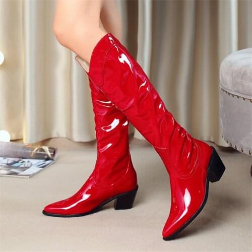 2020 Women Boots Fashion Wedges High Heel Knee High Boots Pointed Toe Western Boots Autumn Winter Long Boots Ladies Boots red