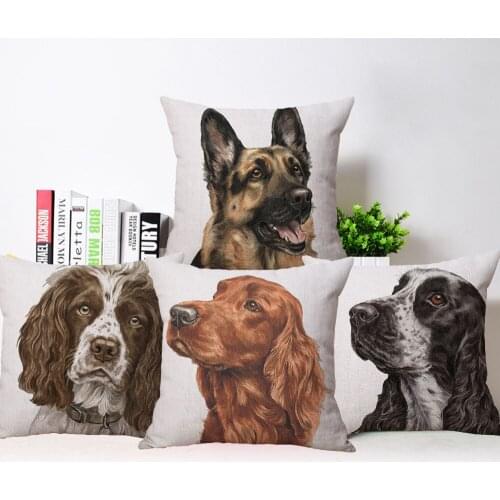Shepherd Spaniel Dog Cushion Cover Animal Painting Pillowcase Beige Linen White Polyester 45X45cm Sofa Chair Decoration