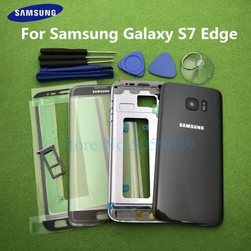For Samsung Galaxy S7 Edge G935 G935F SM-G935F Full Housing Case Bezel Middle Frame Back Cover + Front Glass Lens Tools Sticker