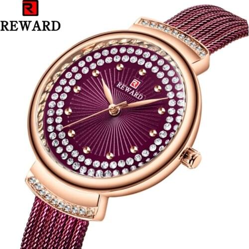 REWARD 2020 Hot Brand Waterproof Ladies Wristwatches Rhinestone Inlay Etched Texture Dial Mesh Belt Women Watches reloj mujer