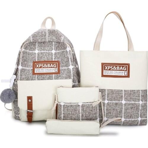 4 Pcs Set Backpack Plaid School Bag For Teenager Girl Women Backpack Student Canvas College Children Book School Backpack Kids
