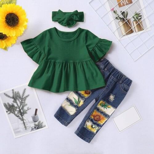 Summer Baby Girls Flare Sleeve Solid Color Tops Flower Print Hole Denim Pants Headband Clothes Sets
