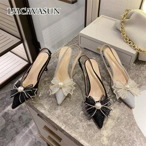 LMCAVASUN High heels 2021 pointed toe new Korean fashion bow, shallow mouth, buckle with stiletto heel fashion sandals womens s