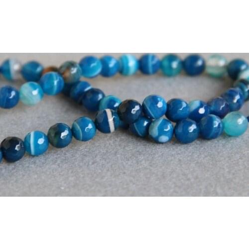 Min Order1)8mm Faceted New BLUE Onyx beads Round stripe chalcedony Loose DIY stones 15" Jewelry making design wholesale