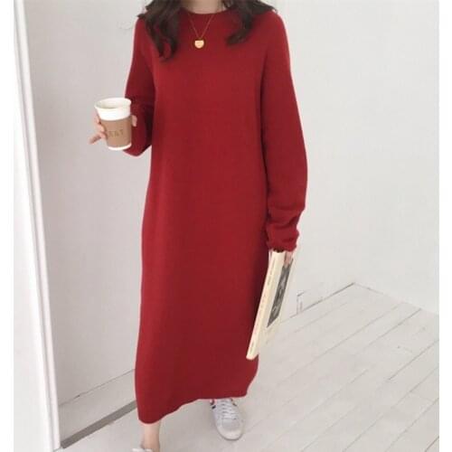 WTIANYUW New Elegant Knitted Dress Women Autumn O Neck Female Winter Sweater Dress Oversized Solid Knitted Ladies Vestidos 2021