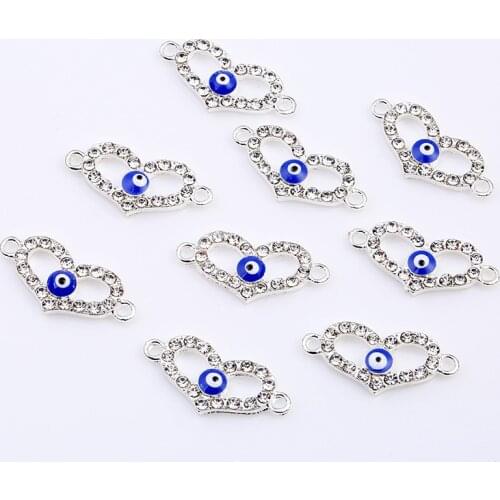 10pcs/lot 25*10mm Rhinestone Evil eyes Heart Connector Charms Alloy Pendant fit necklaces bracelet DIY Fashion Jewelry Accessory