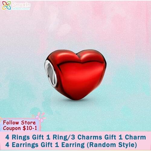 Smuxin 925 Sterling Silver Beads Metallic Red Heart Charm fit Original Pandora Bracelets for Women Jewelry Making Birthday Gift