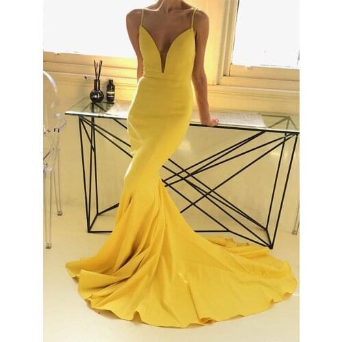 Yellow Party Gowns Spaghetti strap Sweep/Brush Sleeveless sexy Evening Dresses Mermaid / Trumpet Simple Party Dresses