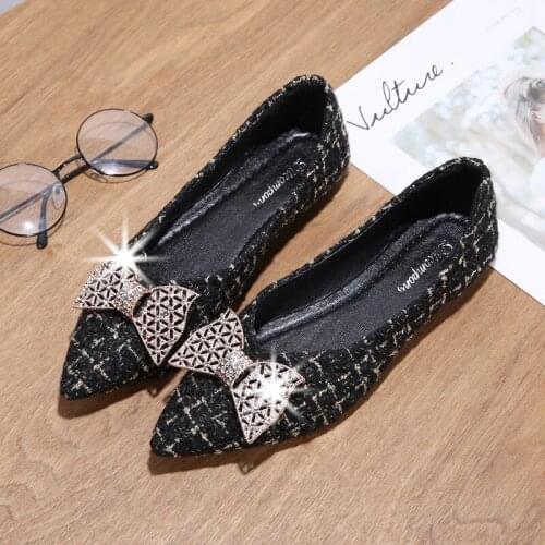 Bow Knot Slip On Flats Women Shoes Crystal Rhinestone Leisure New Spring Butterfly Ballerina Ladies Shoes Casual Shoes Plus Size