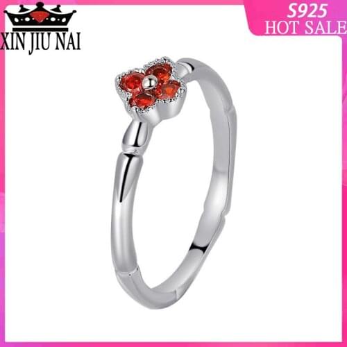 Silver 925 ring rhodium-plated red garnet bamboo knot couples joints on the four-leaf clover folk ring custom diamond ring