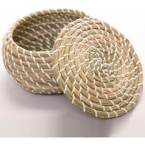 Handmade Straw Woven Storage Basket With Lid Snack Organizer Storage Box Laundry Baskets Rattan Storage Flower Basket