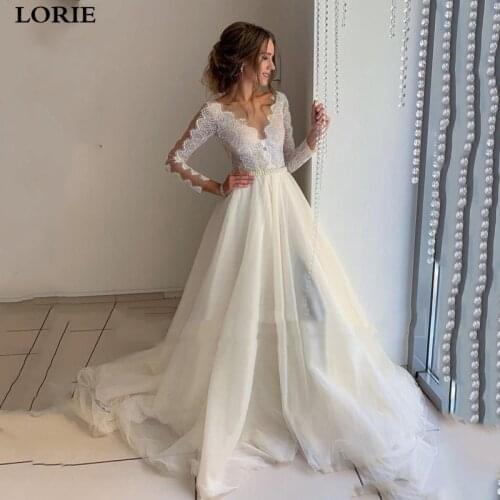 LORIE A Line Wedding Dresses Long Sleeve Lace Bride Dresses With Romantic Buttons Wedding Gowns Vestidos de novia