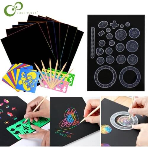Magic Color Rainbow Scratch Art Paper Card Set with Graffiti Stencil for Drawing Stick DIY Art Painting Toy Kids Gift DDJ