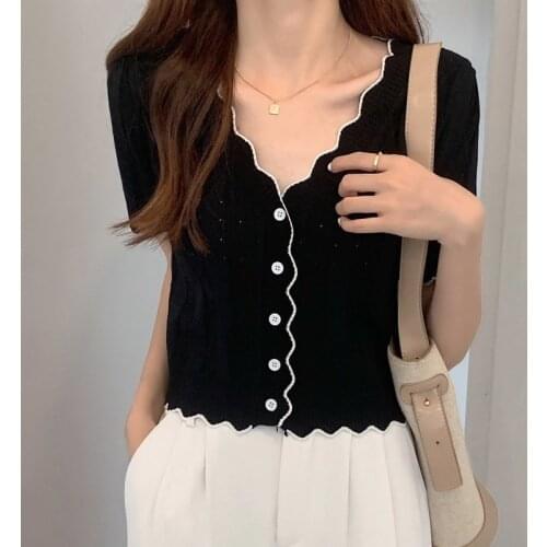 Women Short Sleeve T-shirts Striped Simple High Elasticity V-Neck Knitted Sweater Slim Fit Comfortable Casual Crochet Cardigan