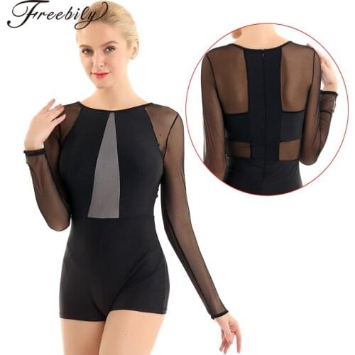 Womens Dance Biketard Long Sleeve Mesh V Front Ballet Dance Gymnastics Leotard Bodysuit Professional Competition Dance Costumes