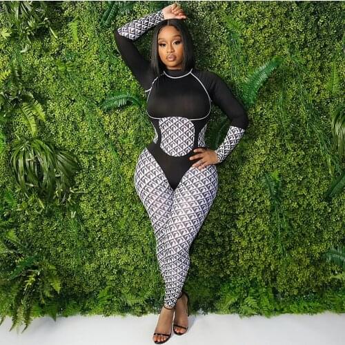 2021 New Arrival Fashion Design Jumpsuits Patchwork O-neck Long Sleeve Sexy Night Club Bodycon Rompers