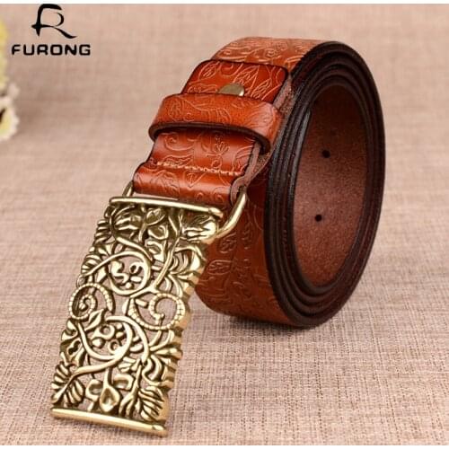 FURONG Fashion Women Belt 100% Cow Genuine Leather Belts Flower Pattern Design Press Buckle Waist Belt Luxury Leather Belt