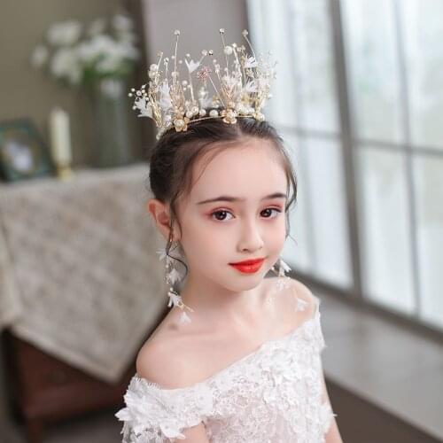 Gold Tiara Crown With Earrings Sets Girls Kids Handmade Diadems Pearls Crystal Headpiece Veil Hair Ornaments Party Gift