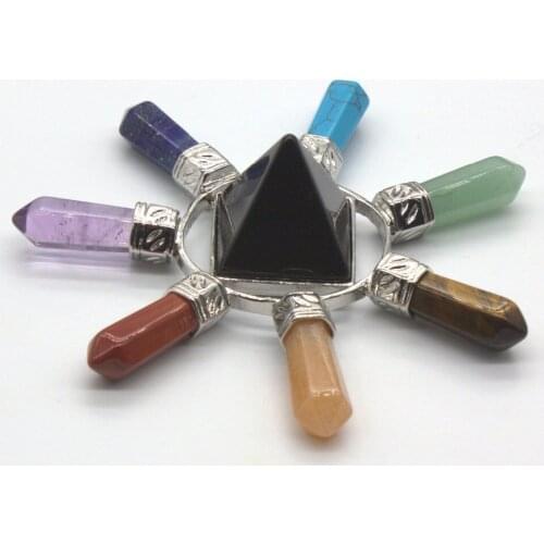 100-Unique Popular Silver Plated Black Obsidian Pyramid Hexagon Column Chakra Stone Energy Emitter Pendant