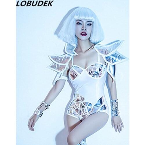 2019 Sexy Stage Cosplay Costume Role Performance Outfit Women Space Dance Costume Silver-white Sequins Bodysuit Armor Stage Wear